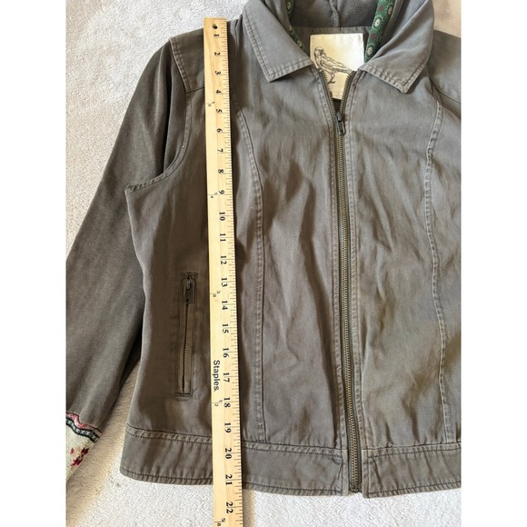 White Crow Size Large Hooded Jacket Full Zip Floral Accents Casual Olive Green - Picture 2 of 7